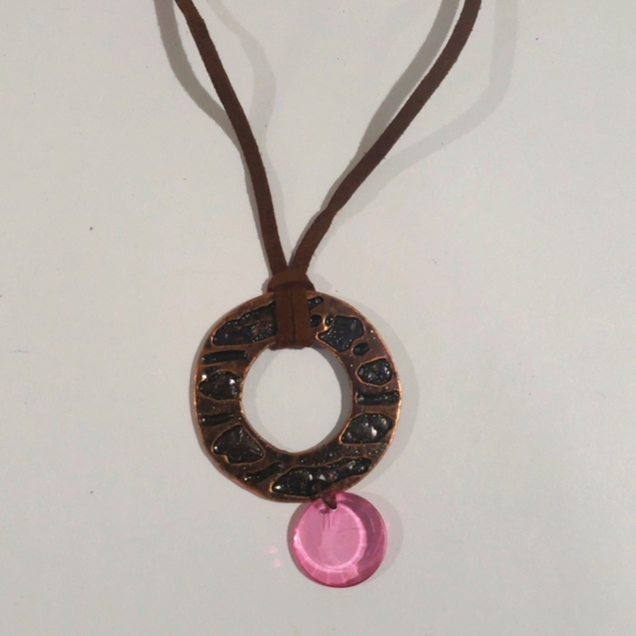 14" Brown Cord Copper color Hoop Pendant - Pink Beaded - Women's Fashion Jewelry - Picture 4 of 8